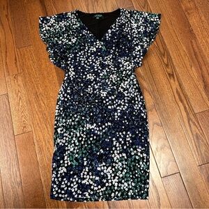 Ralph Lauren Black Blue Green Floral V-neck Flutter Sleeve Dress Size 8